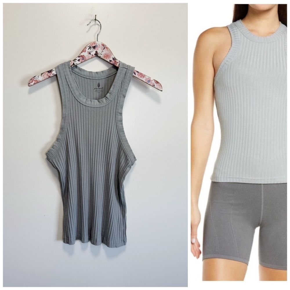 FREE PEOPLE M Movement Take Me Anywhere Ribbed Tank Top MD Arctic Mist Blue Gray